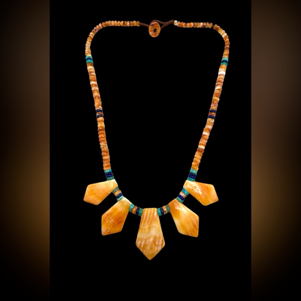 Native American Turquoise Lapis Spiny Oyster Multi Stone Bib Beaded Necklace - Picture 4 of 6